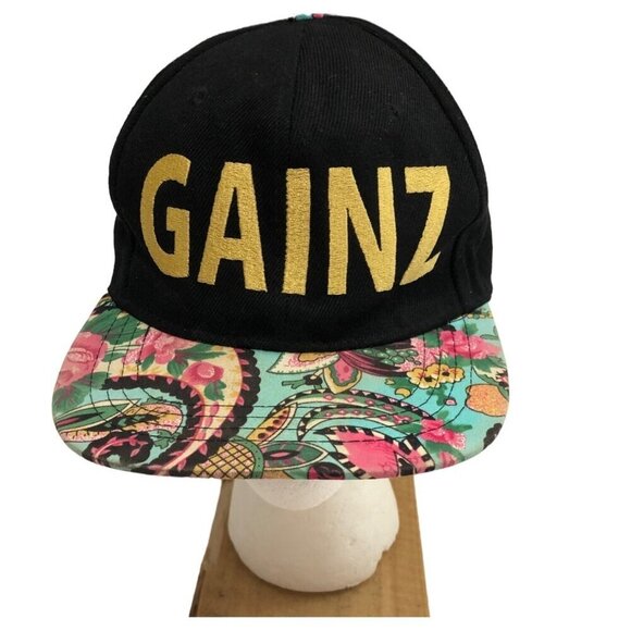Accessories - Gainz Snapback Hat Flat Front Vibrant Floral Brim Black Pink Gold Streetwear